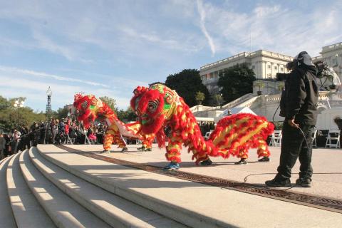 Two long lucky lions at Central Library steps, DC.