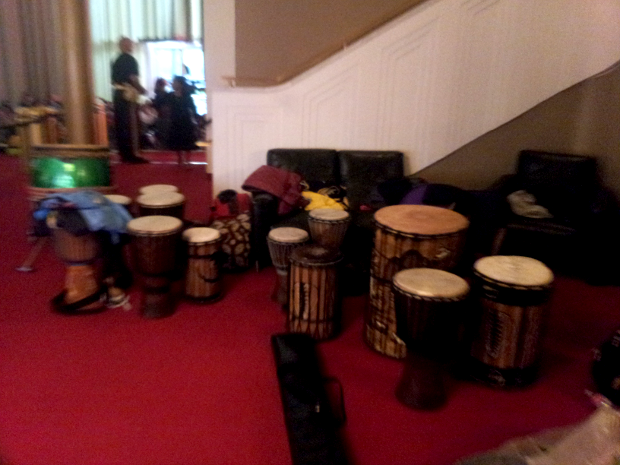 Djembe drums awaiting transfer to the stage at JFK Performing Arts Center.